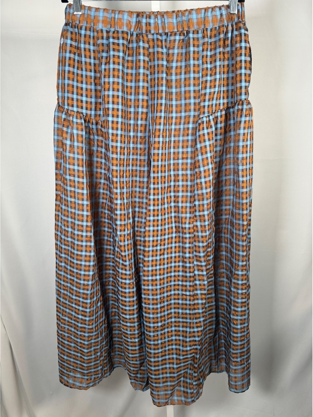 Halara High Waisted Pocket Wide Leg Flowy Plaid Casual Pants Blue Brown Size L - Picture 4 of 9